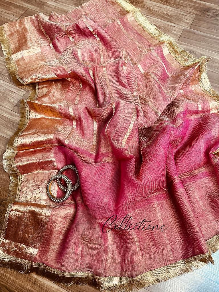 Pink Banarsi kora crushed tissue saree women sarees - Saffronfashionindia