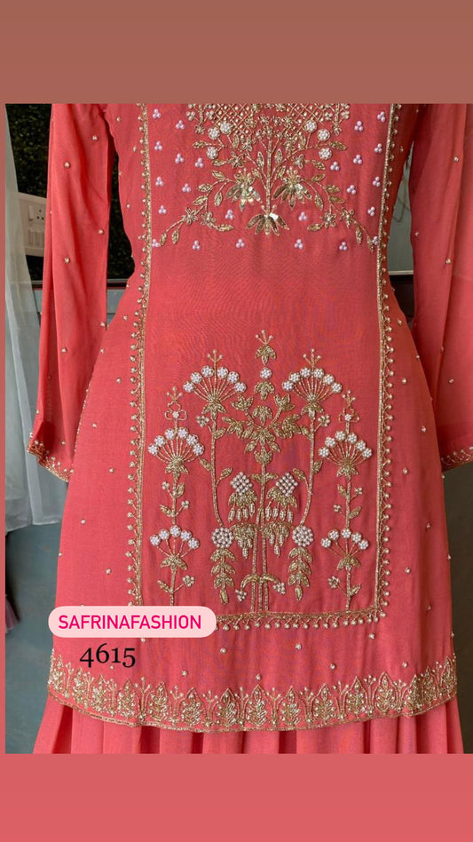 Wahija peachy Gorgette dress - Saffronfashionindia