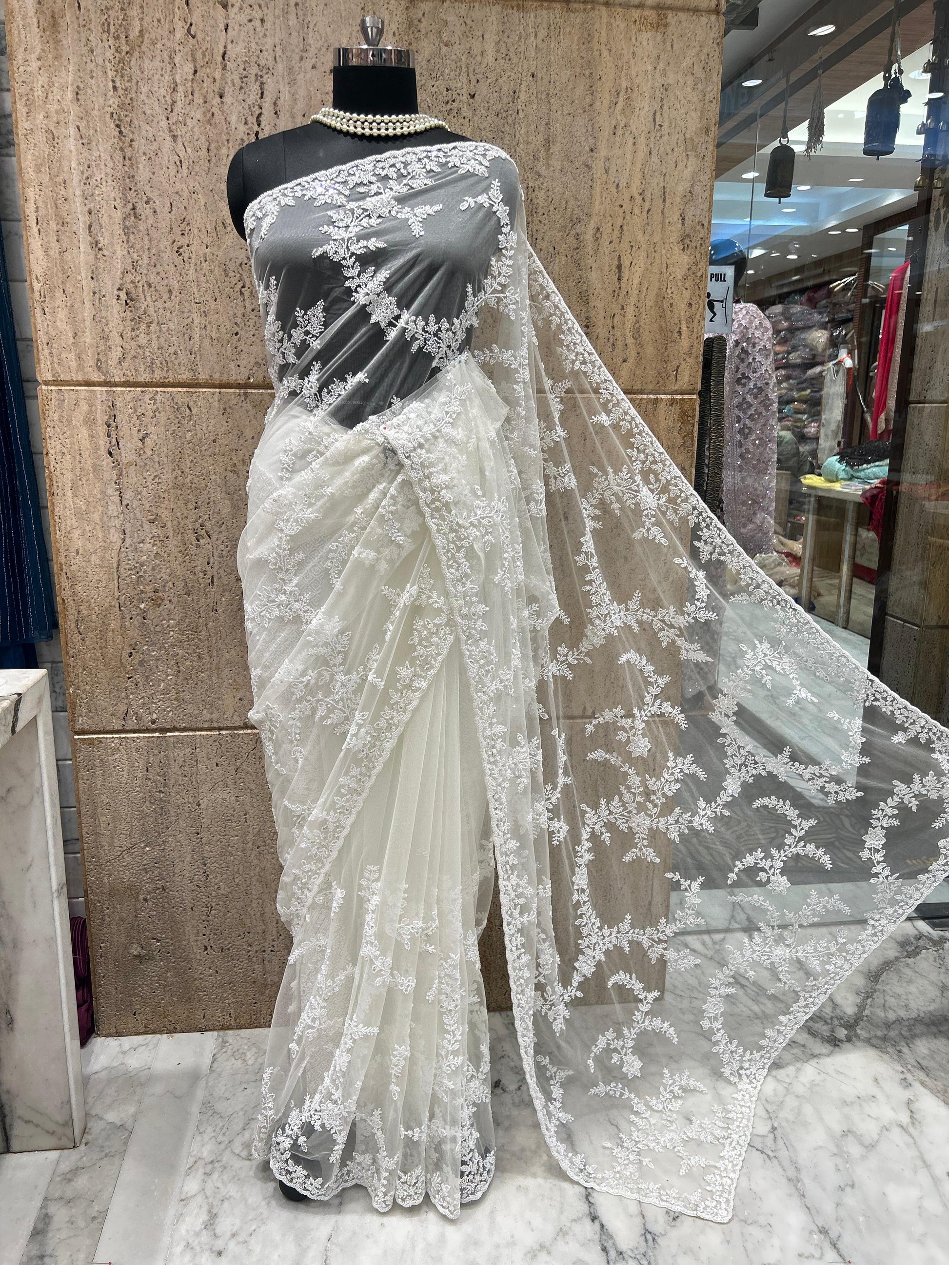 Royal white saree elegant saree luxury sari blouse SaffronFashion