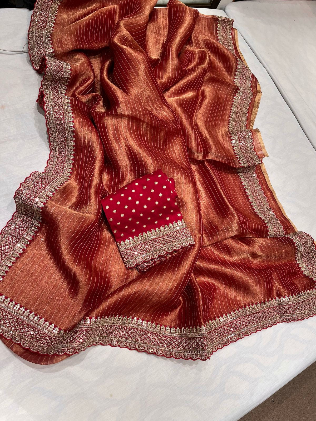 Elegant Tissue saree Indian sari blouse bordered saris SaffronFashion