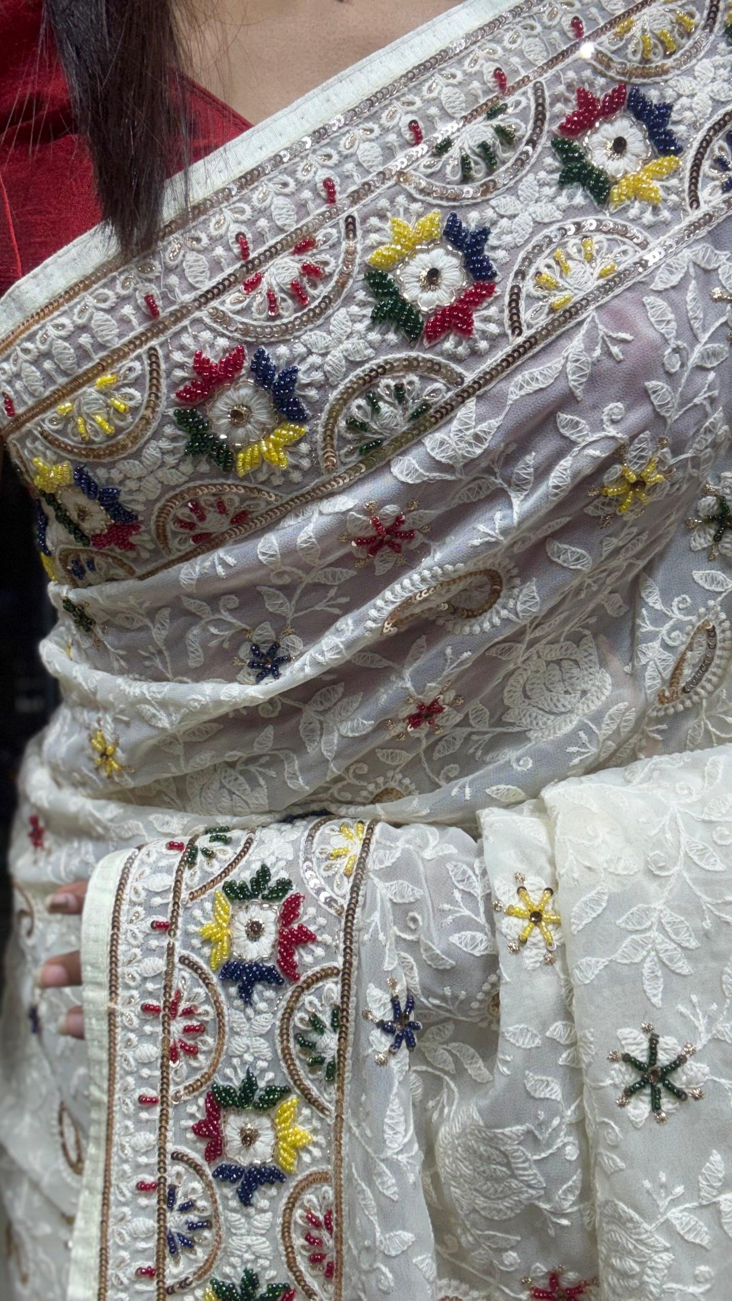 White Chikankari saree gorgette saree Indian saree blouse SaffronFashion
