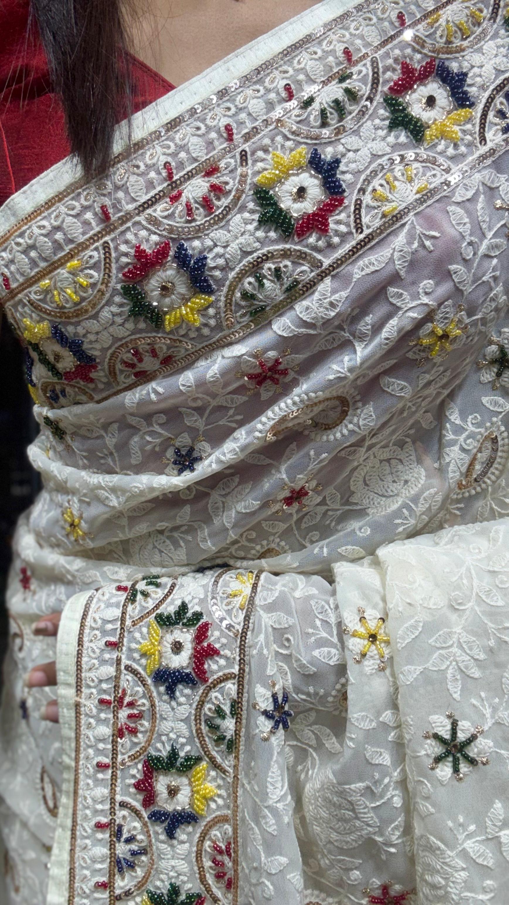 White Chikankari saree gorgette saree Indian saree blouse SaffronFashion