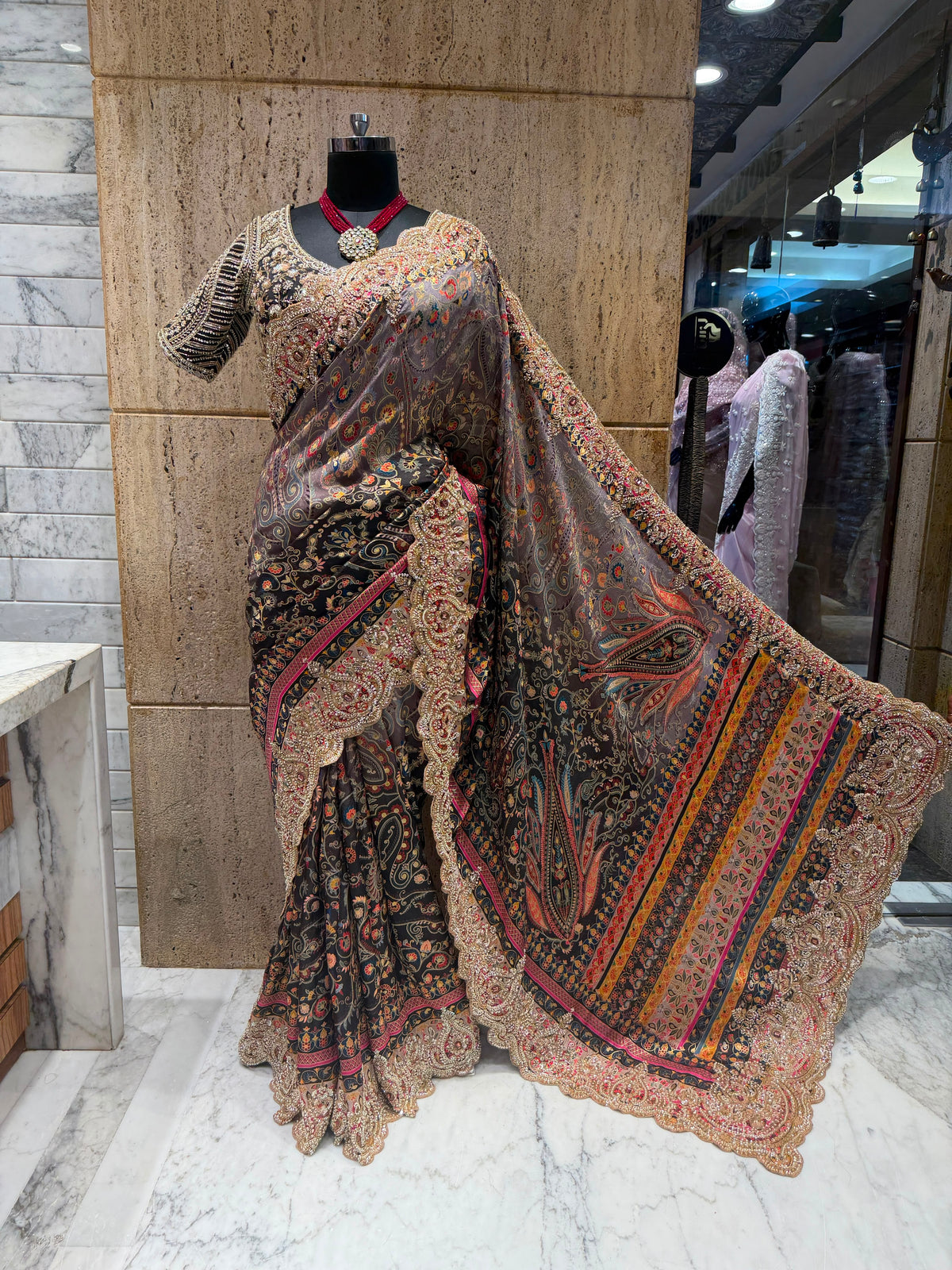Designer pure saree embroidery sari blouse wedding sarees Saffronfashionindia