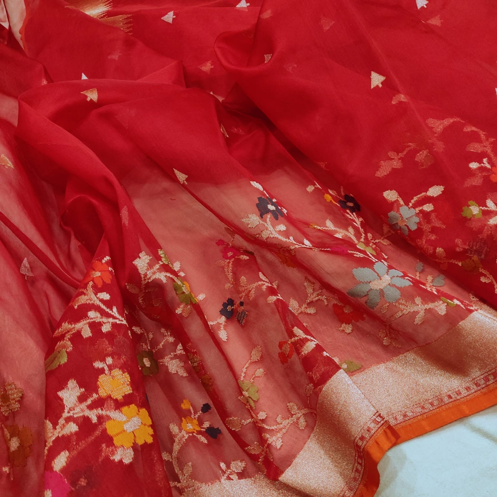 Red Jamdani saree Kora sarees Indian sari blouse SaffronFashion