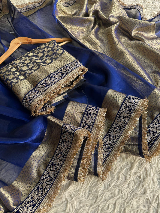 Tissue Jaquard saree party wear women sari blouse SaffronFashion