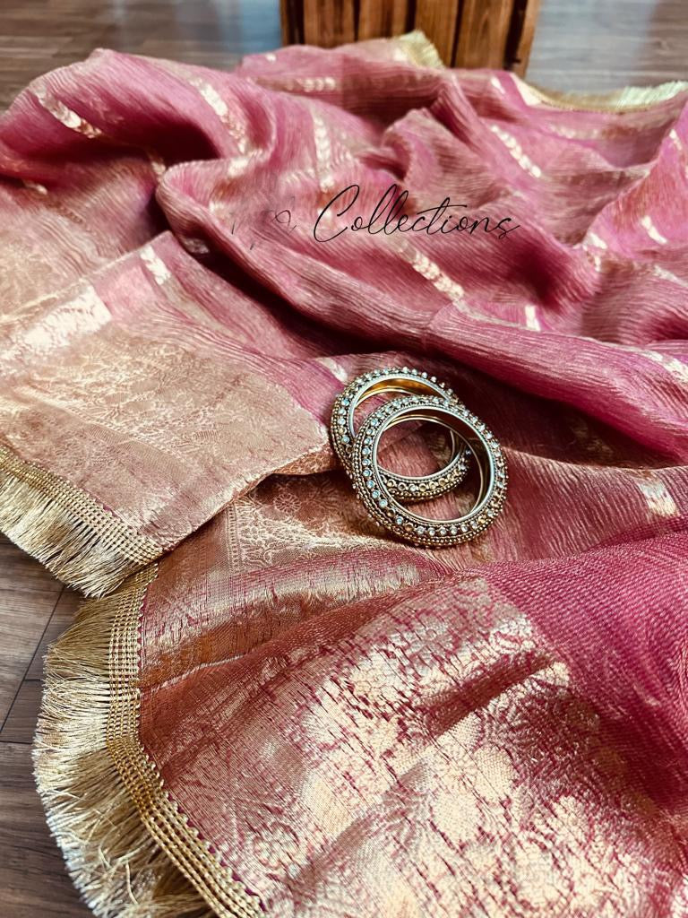 Pink Banarsi kora crushed tissue saree women sarees - Saffronfashionindia