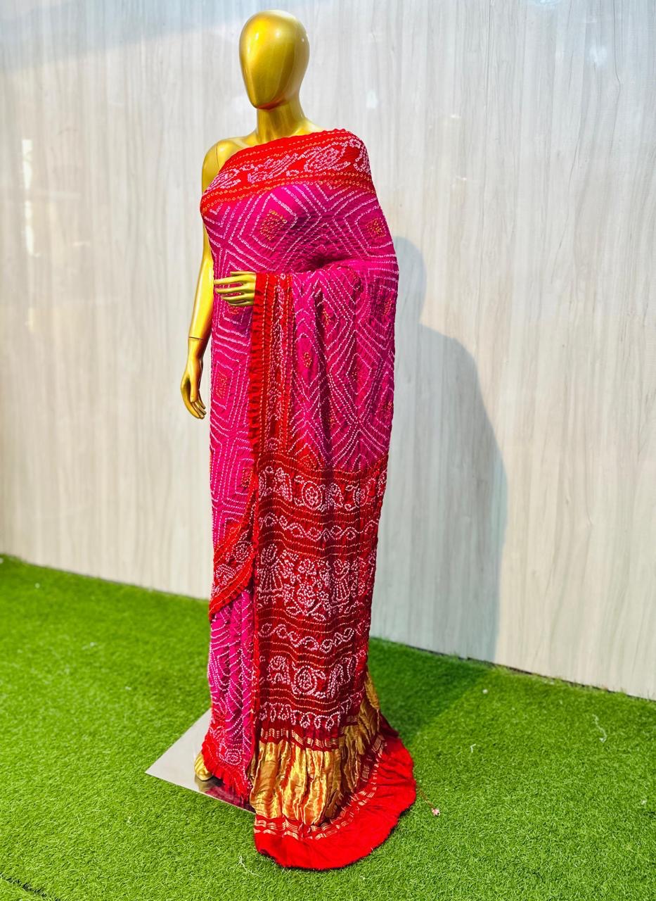 Bandhani gajji silk saree Indian traditional saree blouse - Saffronfashionindia