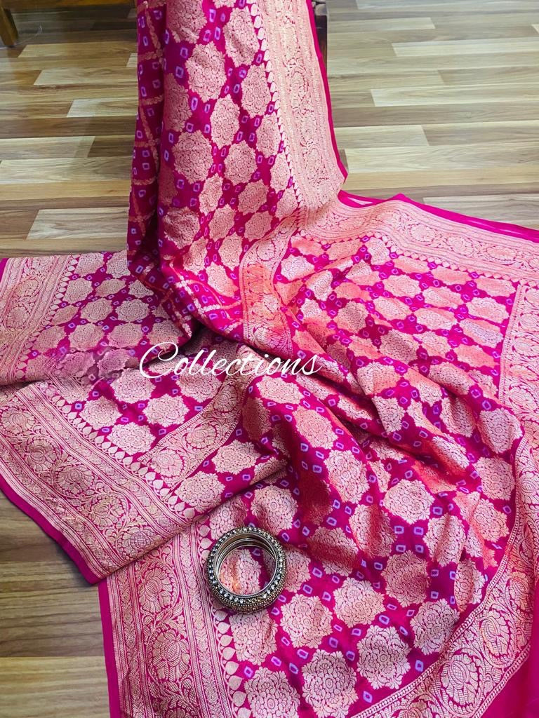 Pinash banarsi handwoven Bandhani Gorgette sarees - Saffronfashionindia
