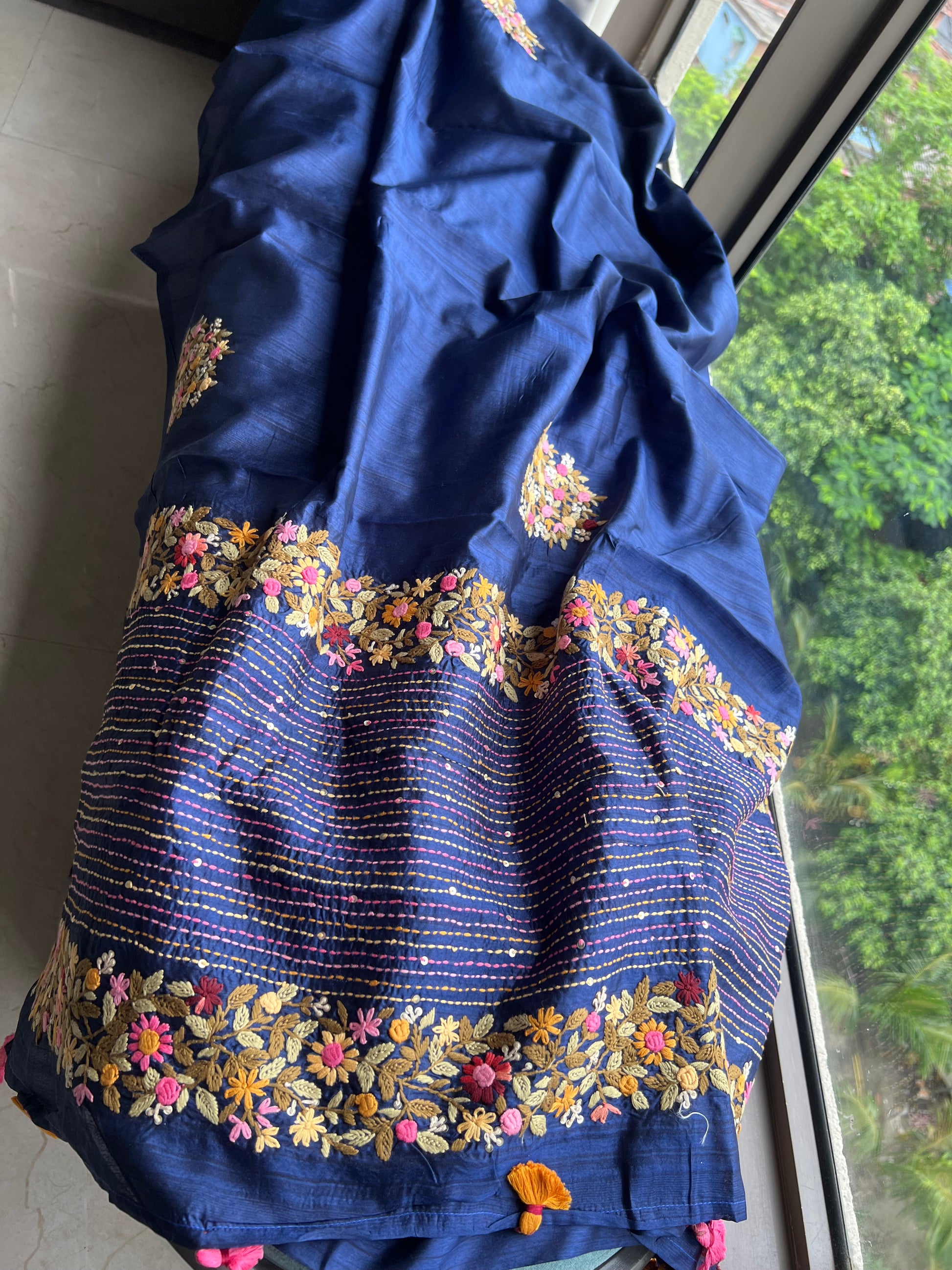 Munga French knot saree royal blue sarees - Saffronfashionindia