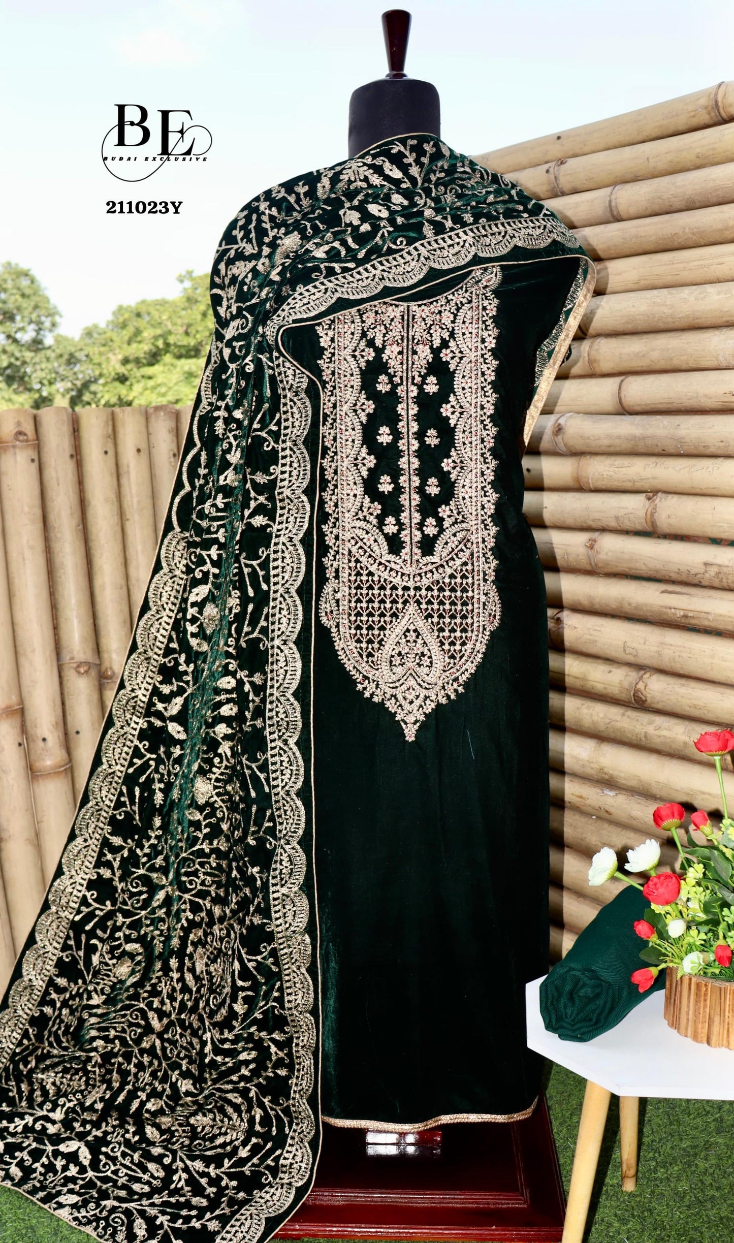 Embroidered Velvet Salwar Kameez - Saffronfashionindia
