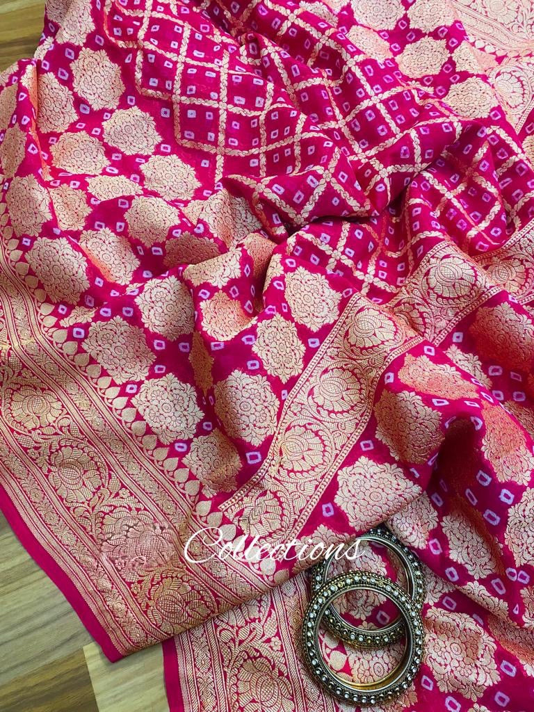 Pinash banarsi handwoven Bandhani Gorgette sarees - Saffronfashionindia