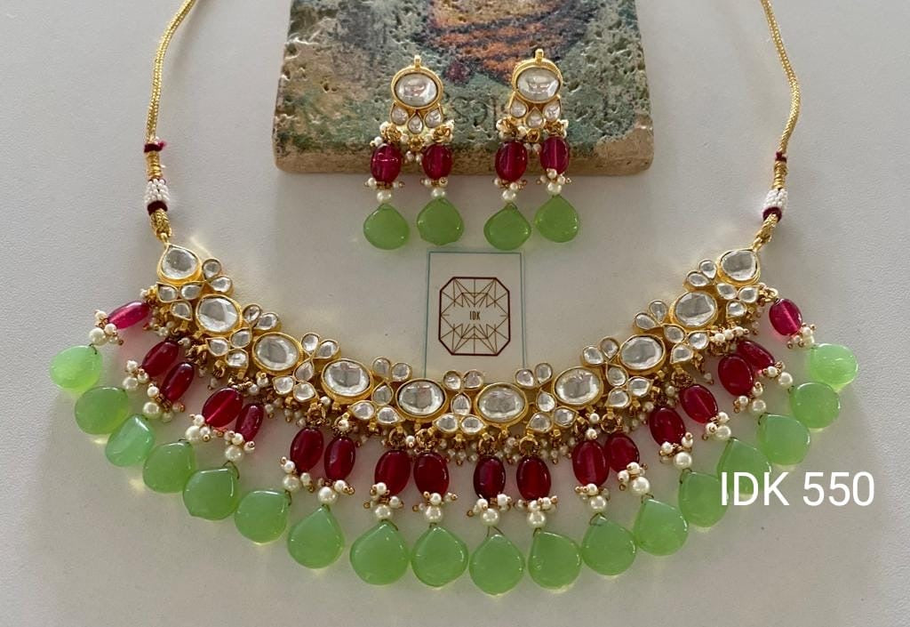 Hirina kundan beaded Necklace set - Saffronfashionindia