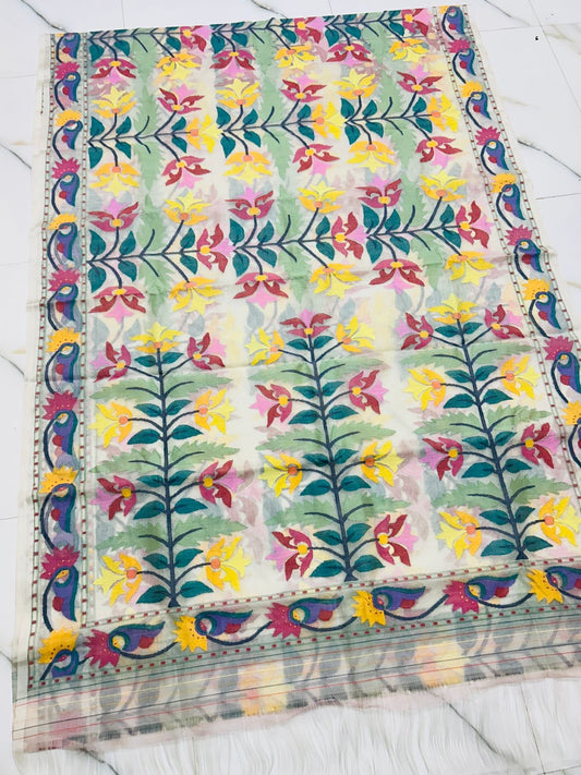 Livina Jamdani saree Tantuj Muslin handwoven sari blouse Saffronfashionindia