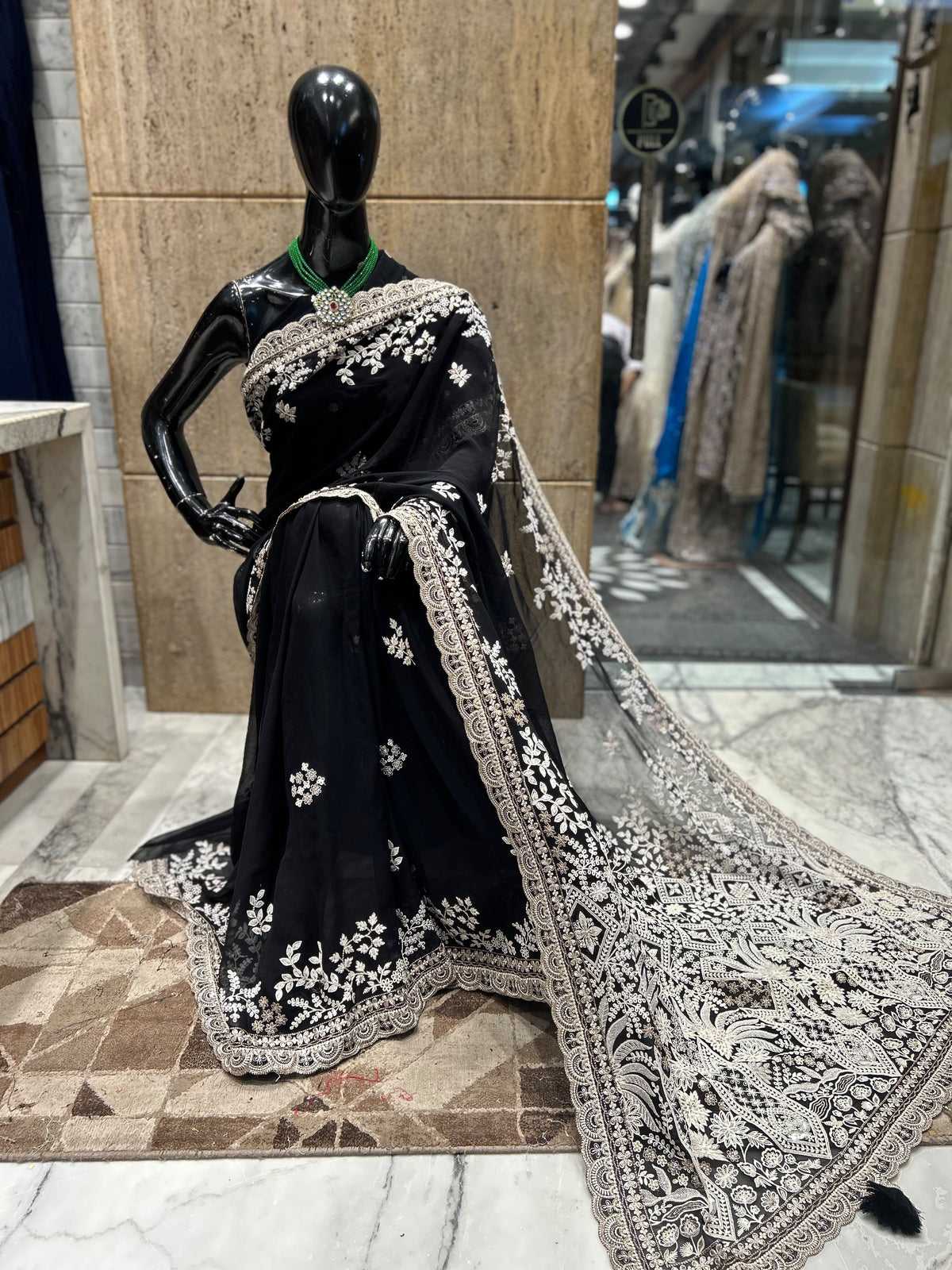 Black designer gorgette saree Lucknowi Parsi saree partywear sari blouse Saffronfashionindia
