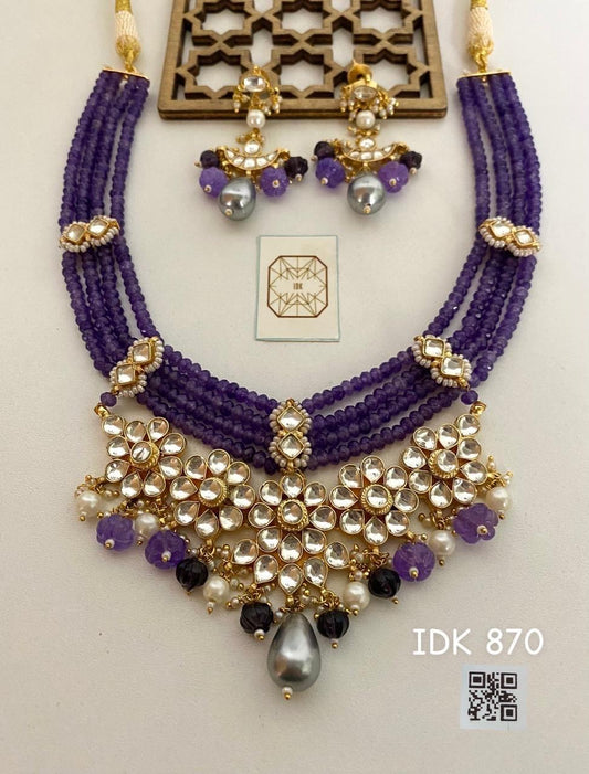 Purple Amethyst & Kundan Statement Necklace Set with Earrings Saffronfashionindia