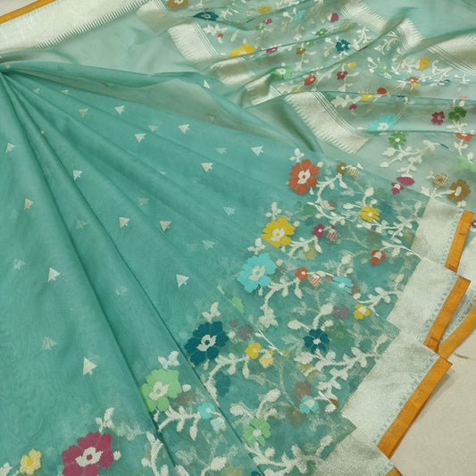 Green ektara Jamdani saree Kora saree Indian sarees blouse - Saffronfashionindia