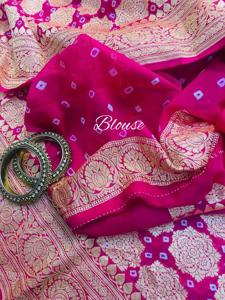 Pinash banarsi handwoven Bandhani Gorgette sarees - Saffronfashionindia