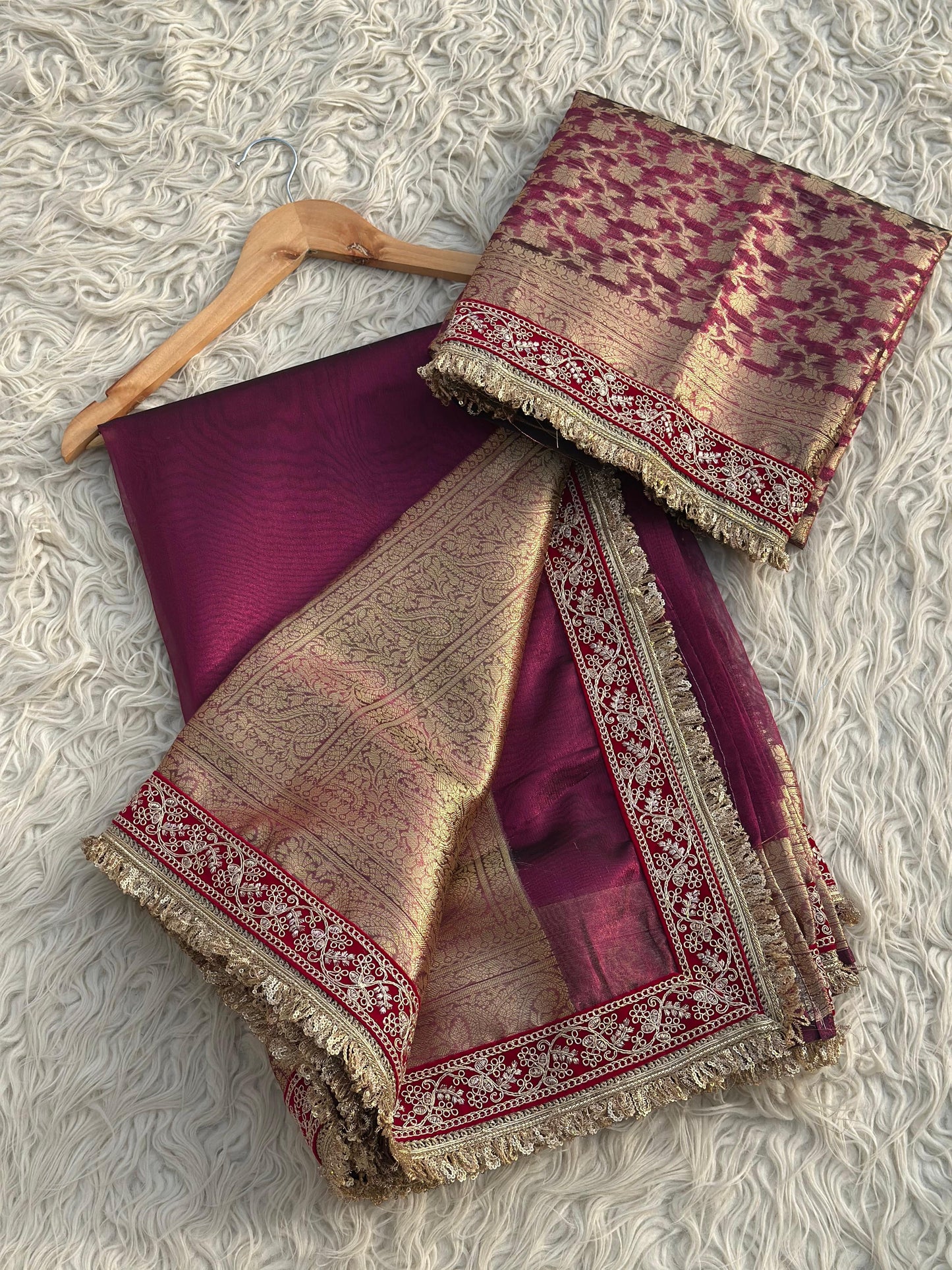 Tissue Jaquard saree party wear women sari blouse SaffronFashion