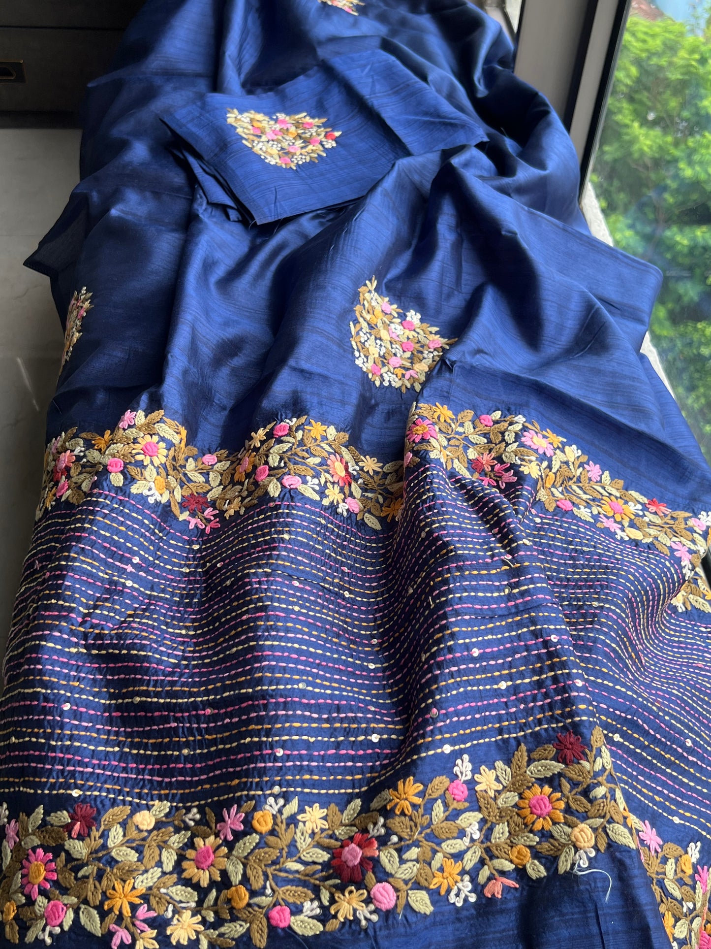 Munga French knot saree royal blue sarees - Saffronfashionindia