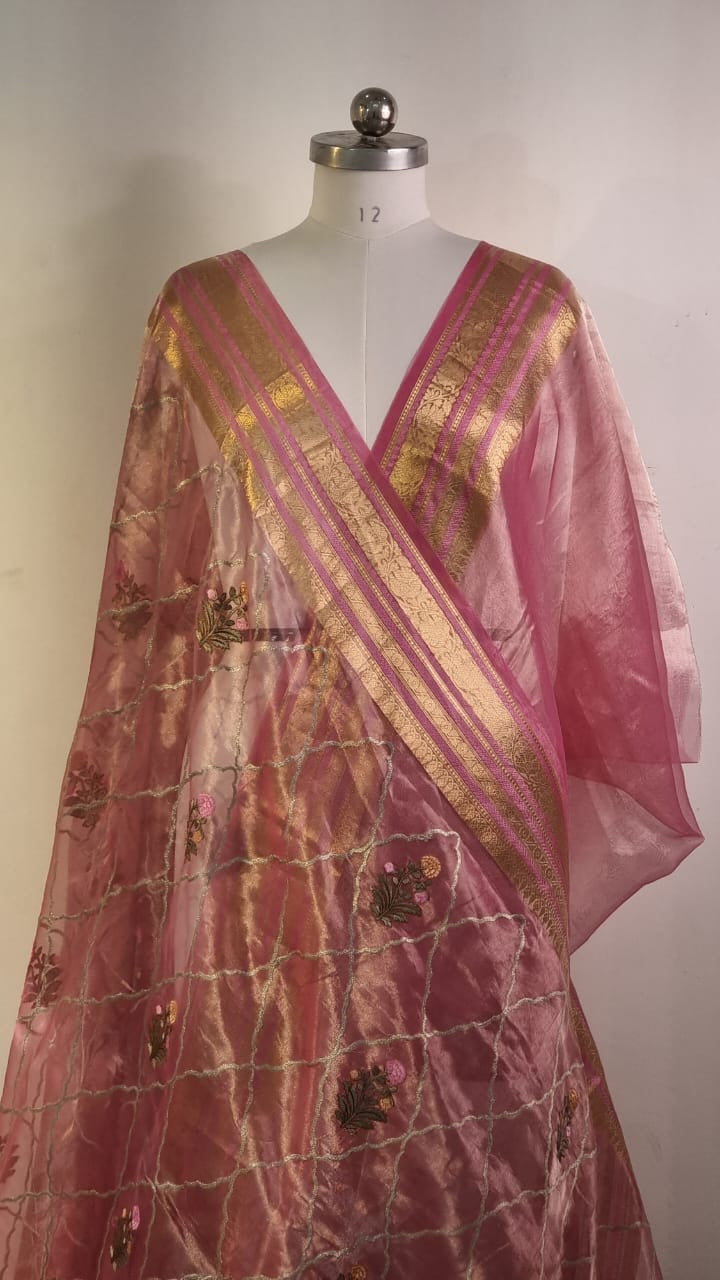 Pink Banarsi organza tissue silk sarees - Saffronfashionindia