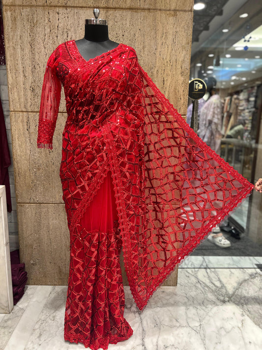 Red Velvet saree bridal saree Indian dresses SaffronFashion