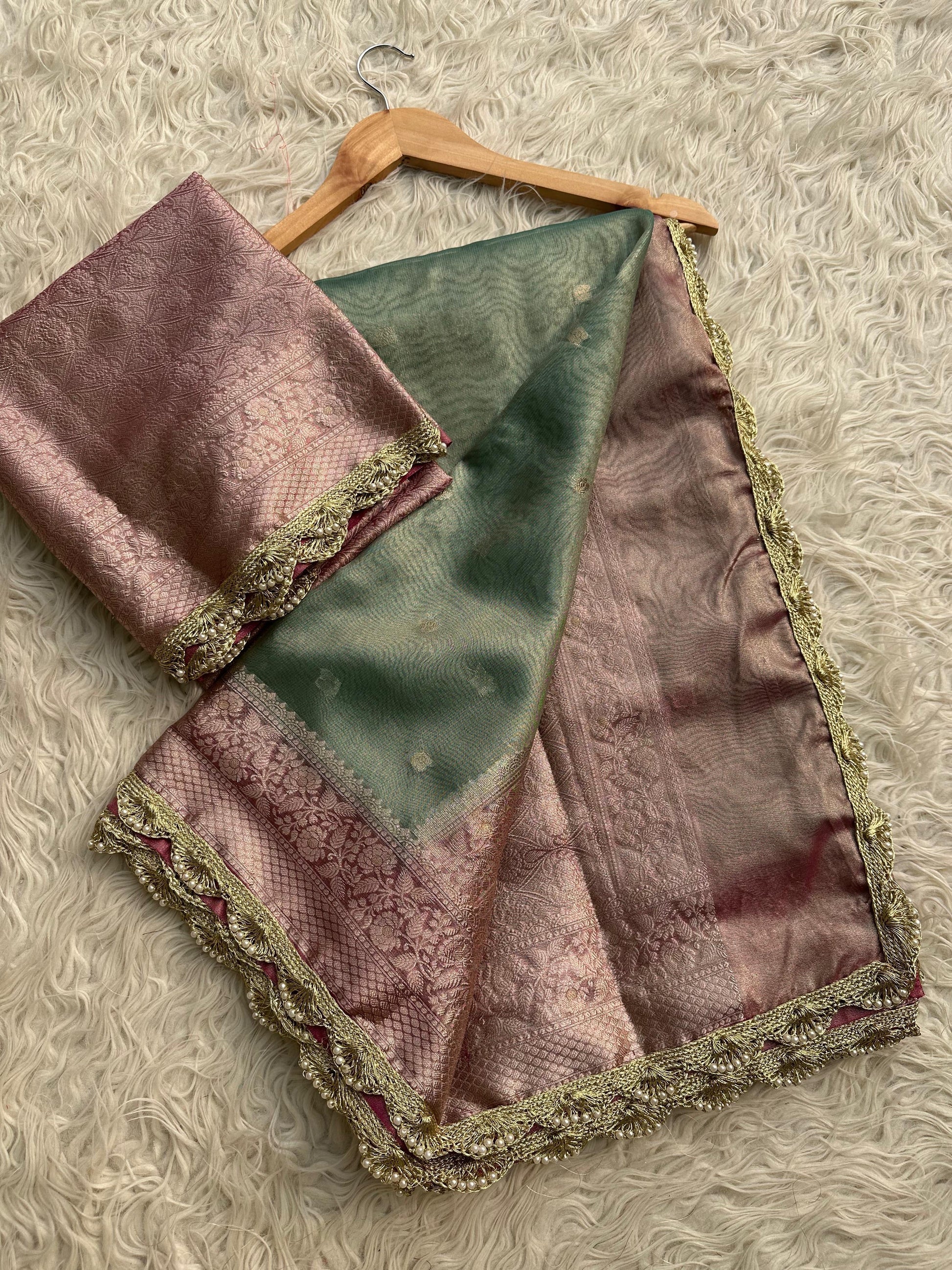 Lamie tissue silk saree Banarsi silk sari blouse Saffronfashionindia