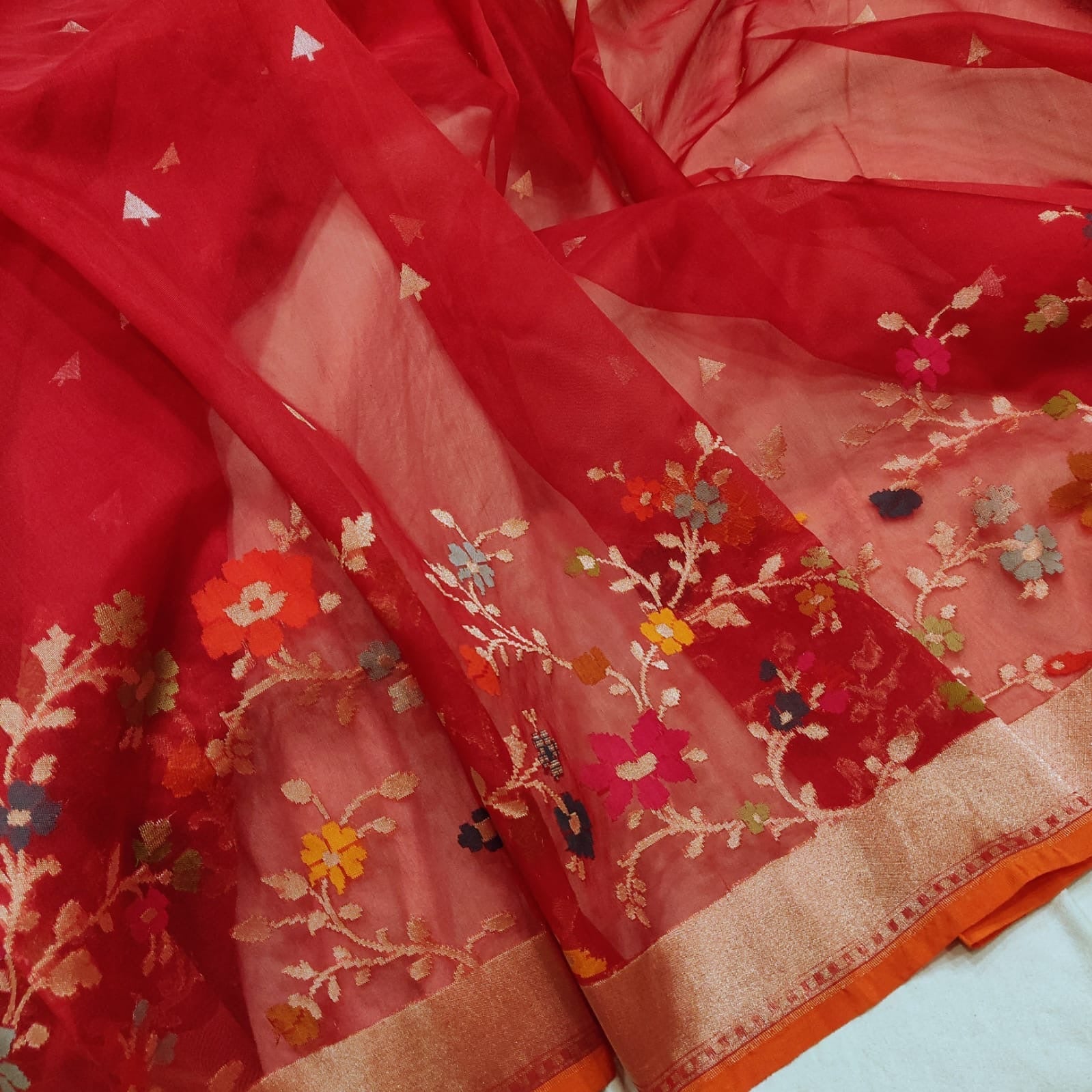 Red Jamdani saree Kora sarees Indian sari blouse SaffronFashion