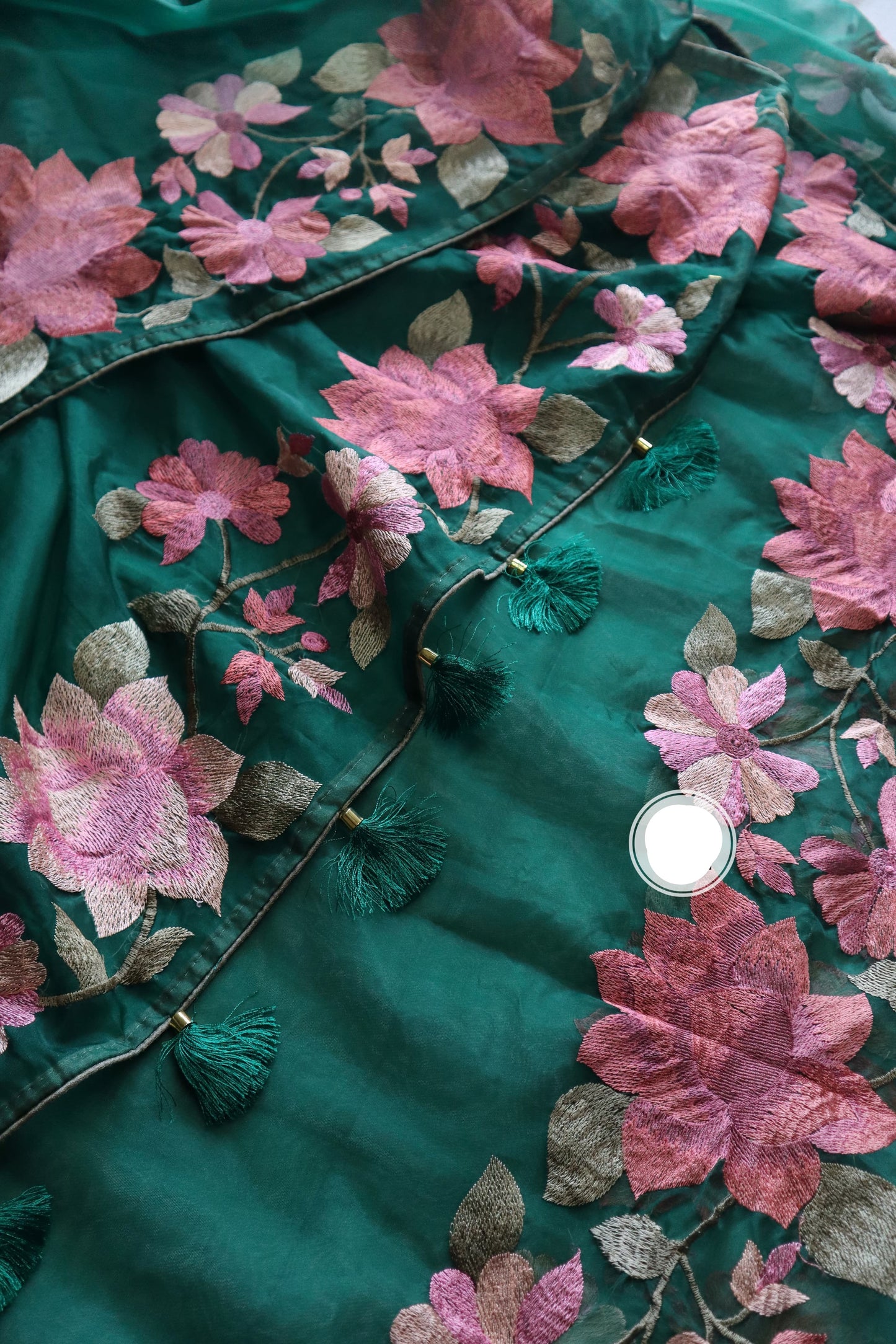 Parsi inspired floral bordered organza saree Indian Partywear sarees - Saffronfashionindia
