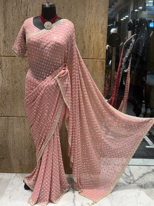 Pink Designer Sequin Embroidered Georgette Saree with Embellished Border & Blouse SaffronFashion