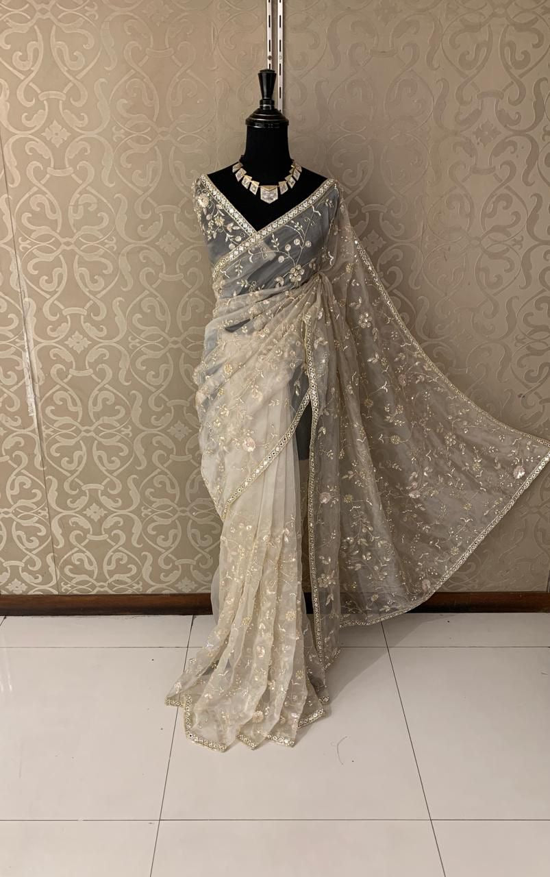 Elegant organza saree sequence sarees women saree blouse - Saffronfashionindia