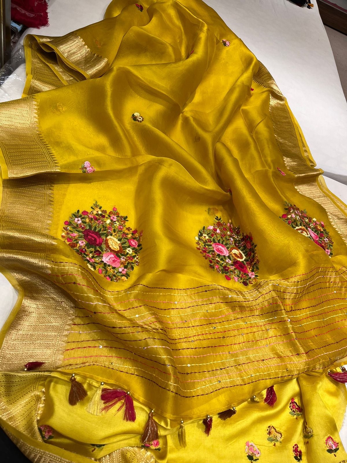 Organza French knot saree Zari border saree Partywear sari SaffronFashion