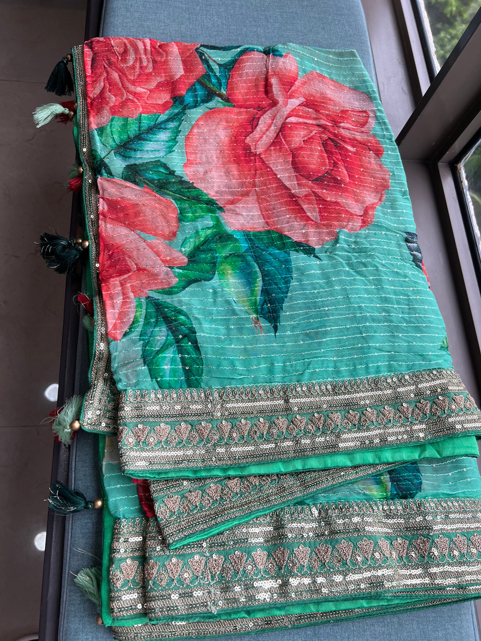Floral elegant Gorgette saree green saree - Saffronfashionindia