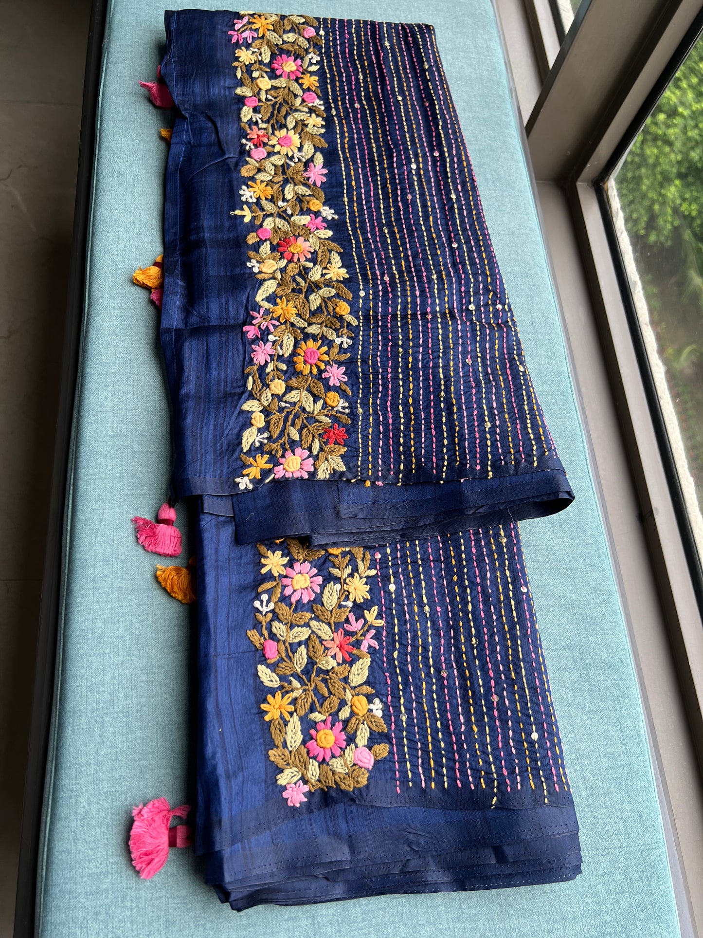 Munga French knot saree royal blue sarees - Saffronfashionindia
