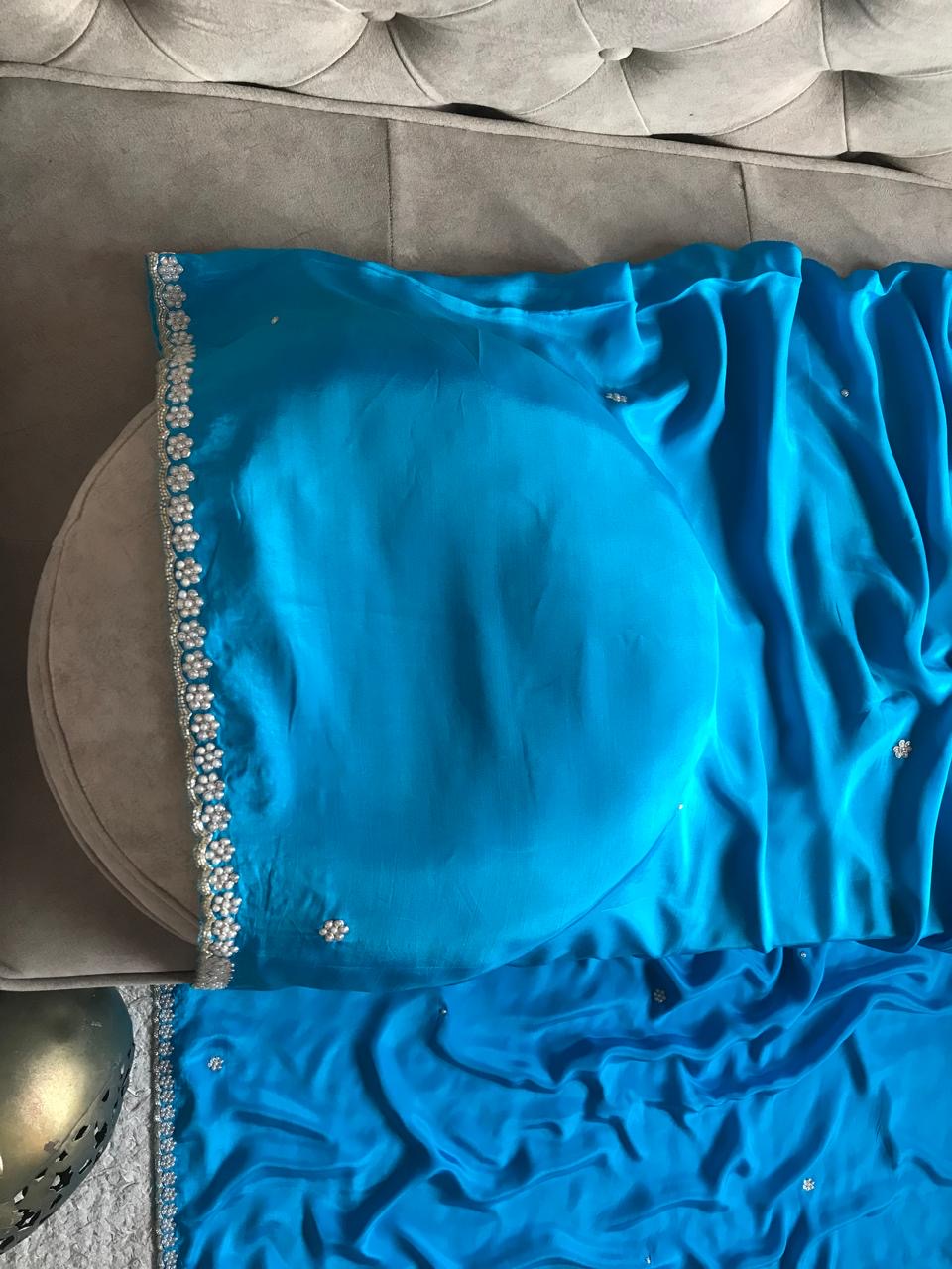 Firoza blue saree crepe silk saree pearl daana saree blouse - Saffronfashionindia