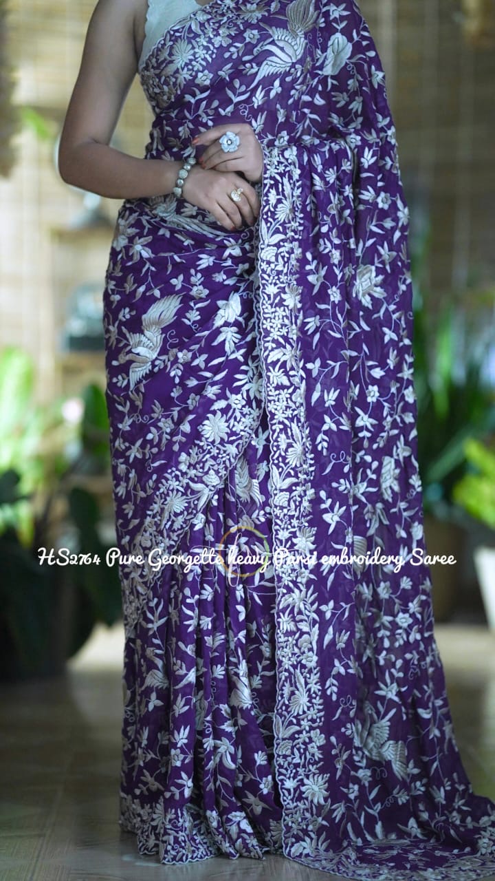 Purple Royal Rich Wmbroidered Parsi Saree - Saffronfashionindia
