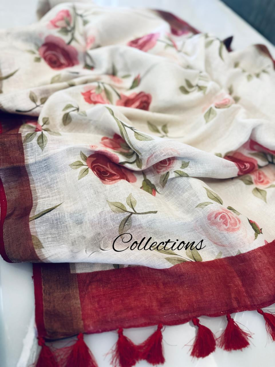 Floral Handwoven linen saree digital print sarees - Saffronfashionindia
