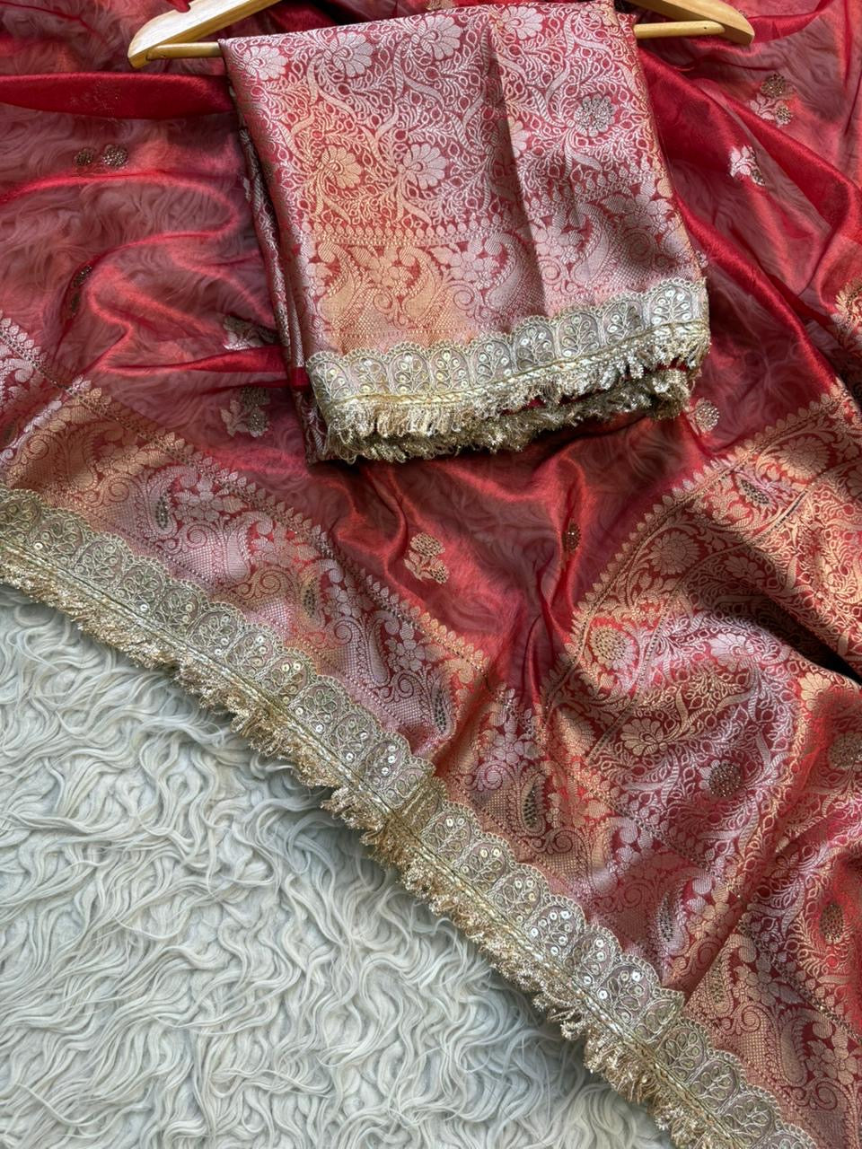 Red Banarsi saree tissue silk saree Indian sari blouse SaffronFashion