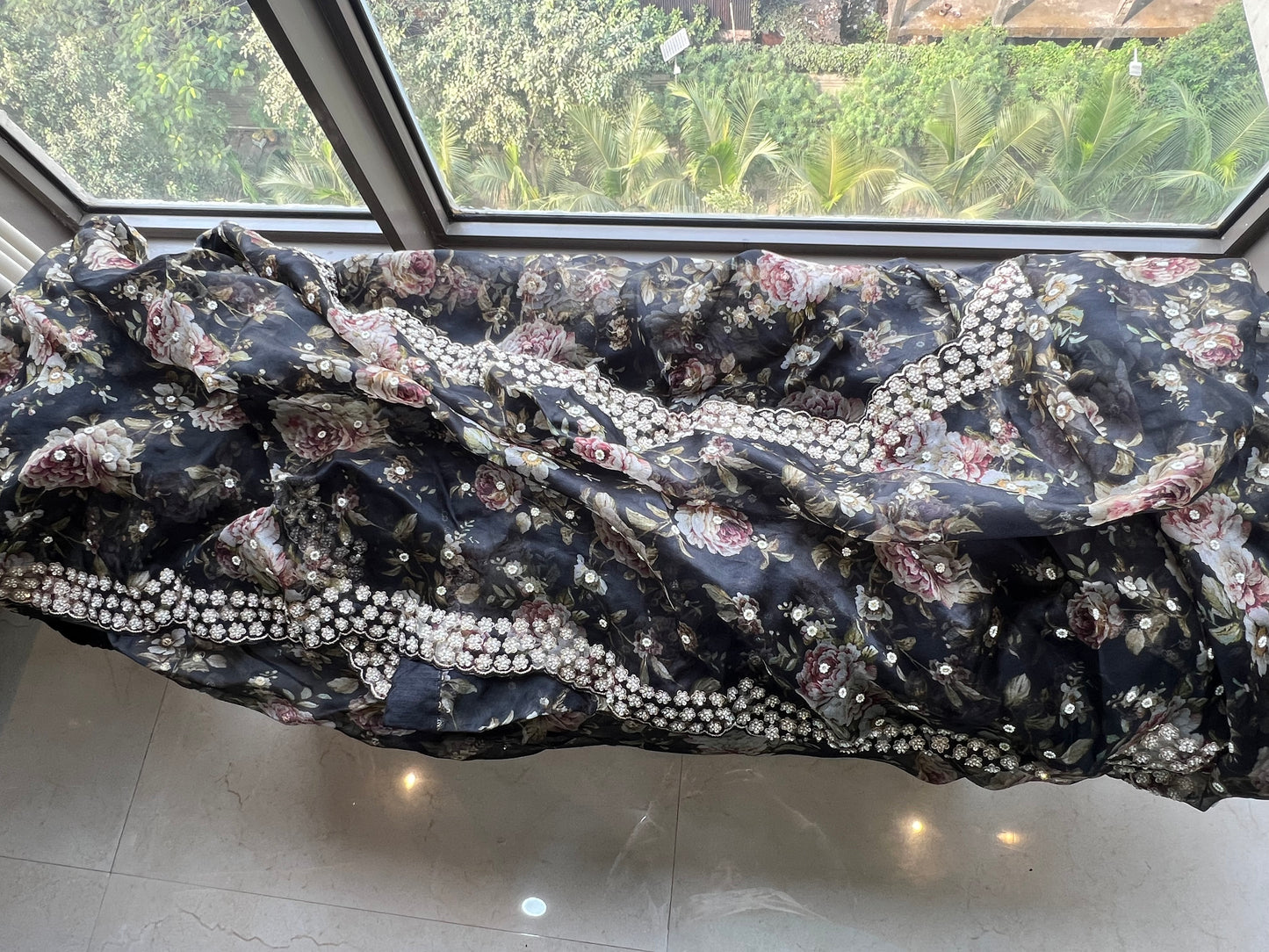Black floral saree Organza saree Indian sari blouse - Saffronfashionindia
