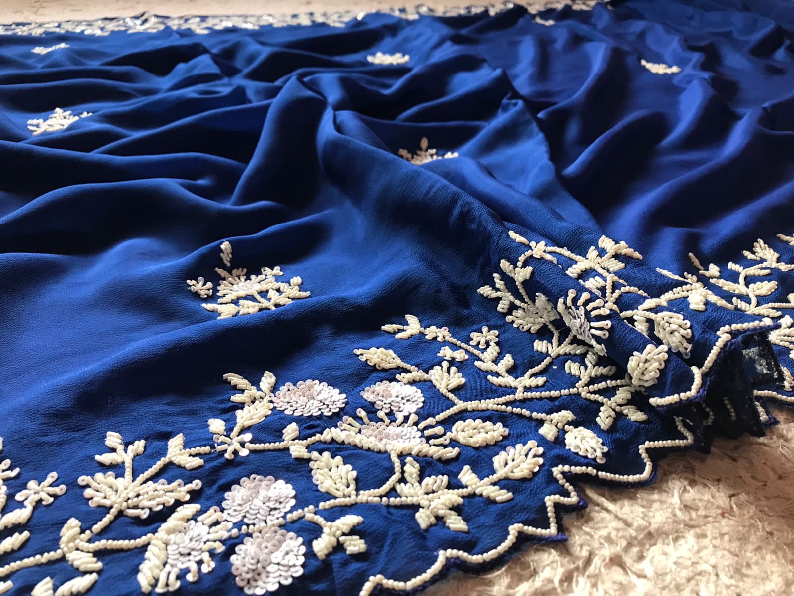 Pearl Elegabt Blue Gorgette women Saree - Saffronfashionindia