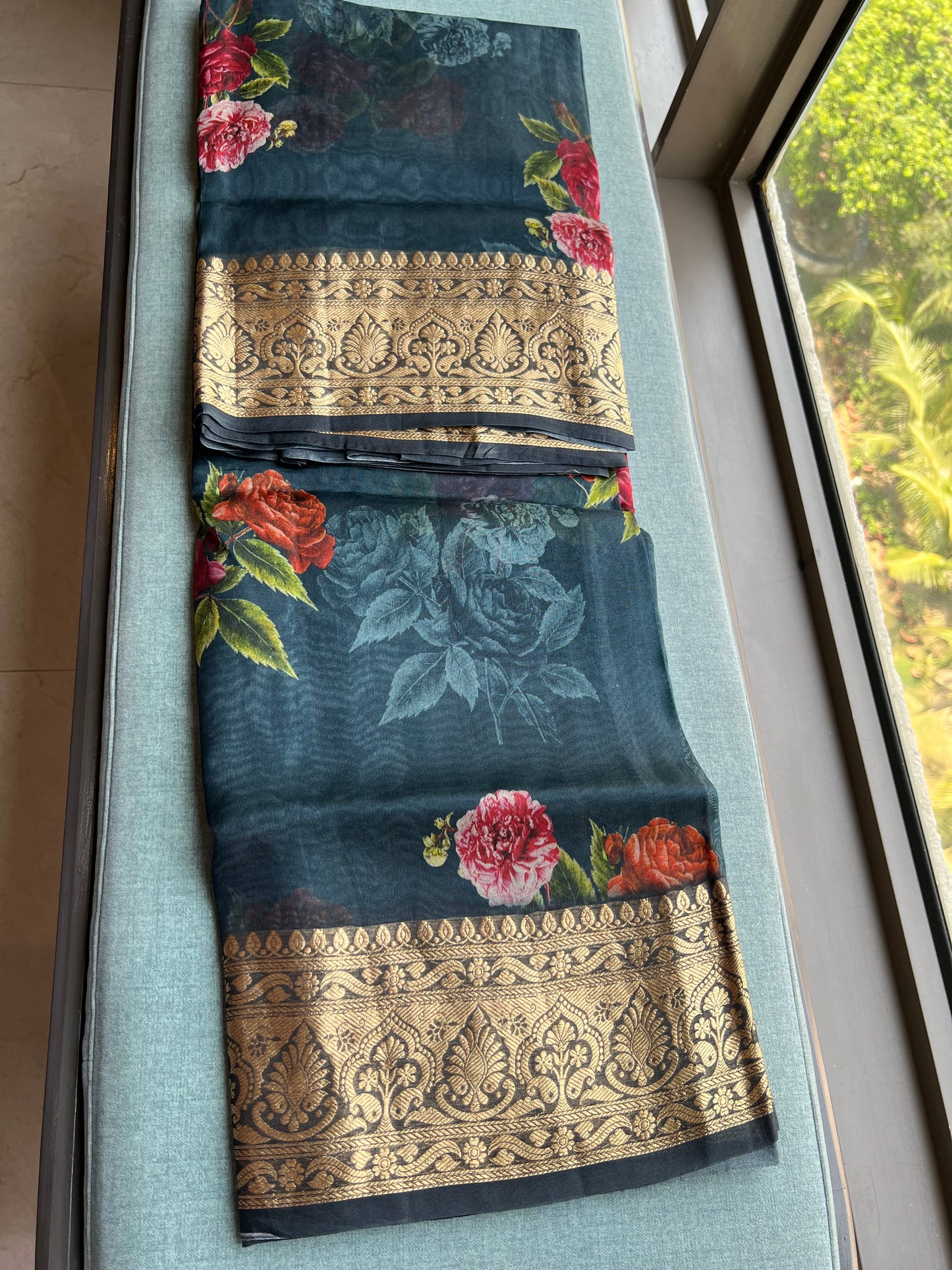 Kivashi Saree organza saree floral saree sabyasachi bordered sari blouse - Saffronfashionindia
