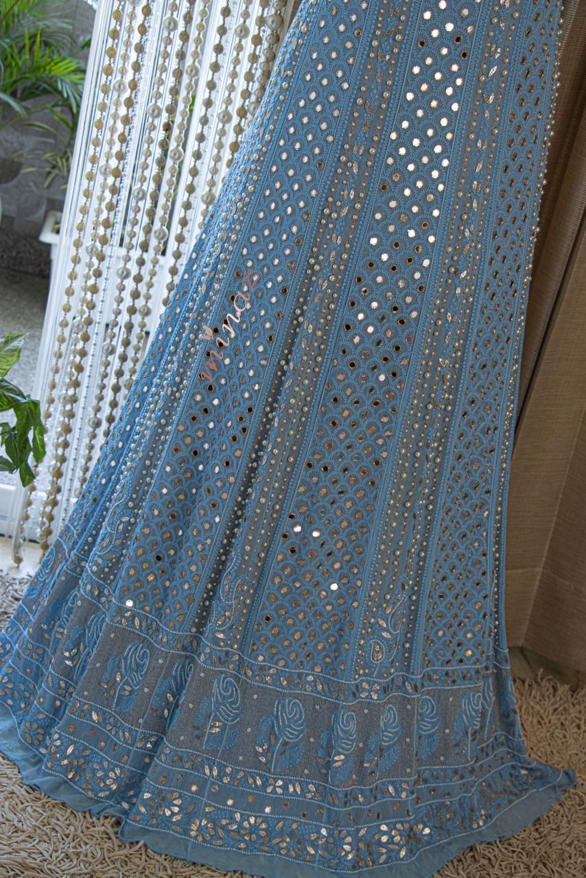 Cruise blue Chikankari Lucknowi Dress - Saffronfashionindia