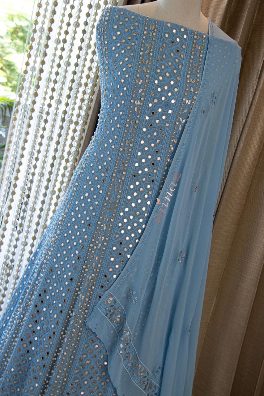 Cruise blue Chikankari Lucknowi Dress - Saffronfashionindia