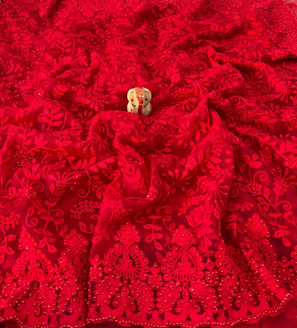 Red hot saree bridal saree netted sarees women sari blouse SaffronFashion
