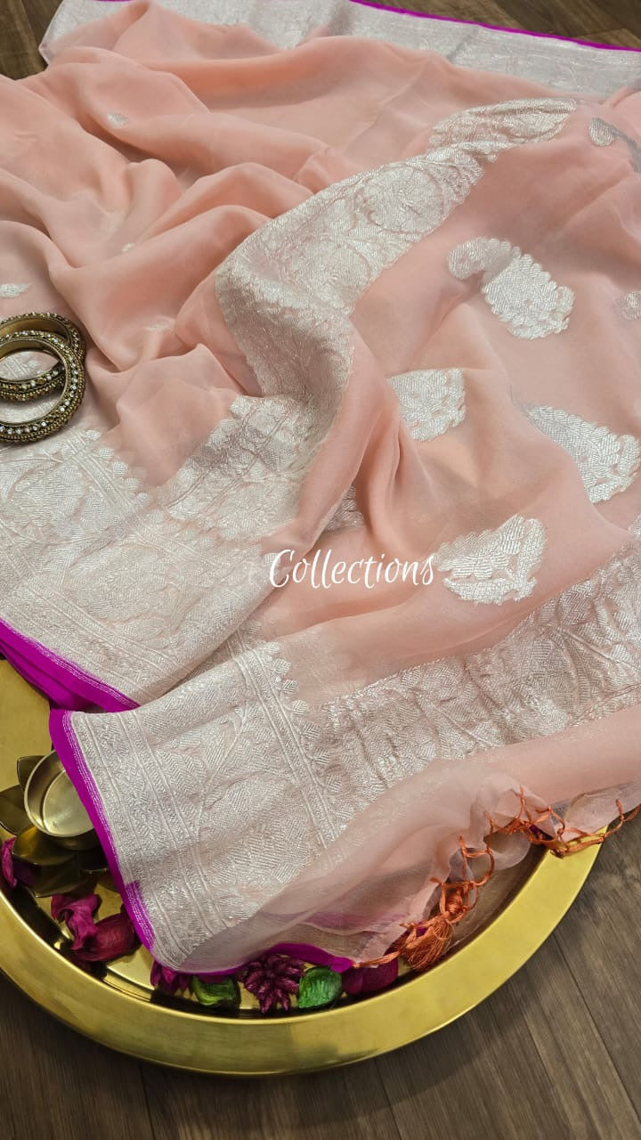 Peach Chiffon saree Banarsi handwoven sarees SaffronFashion