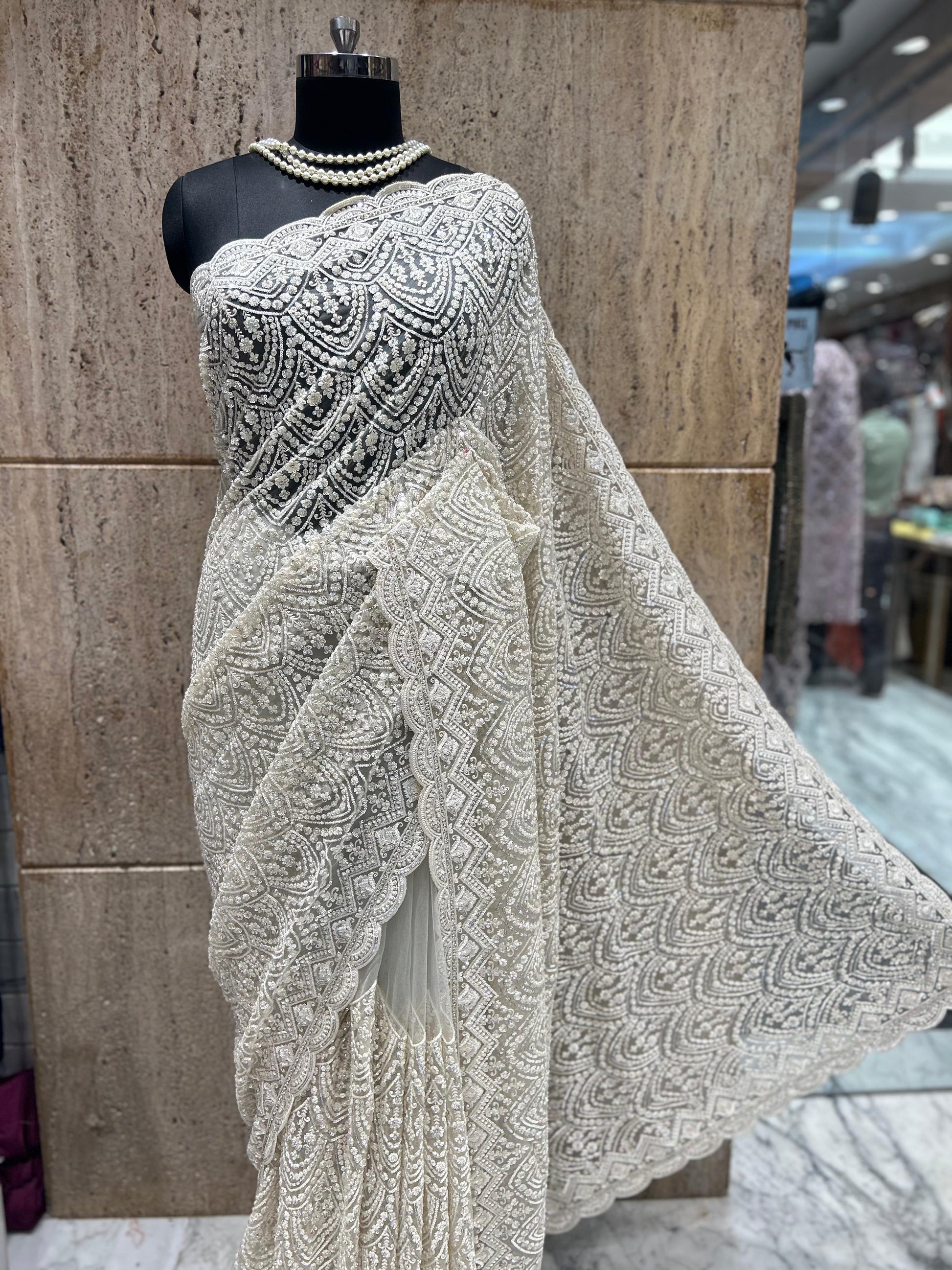 Royal white saree designer saree Indian wedding sarees blouse SaffronFashion