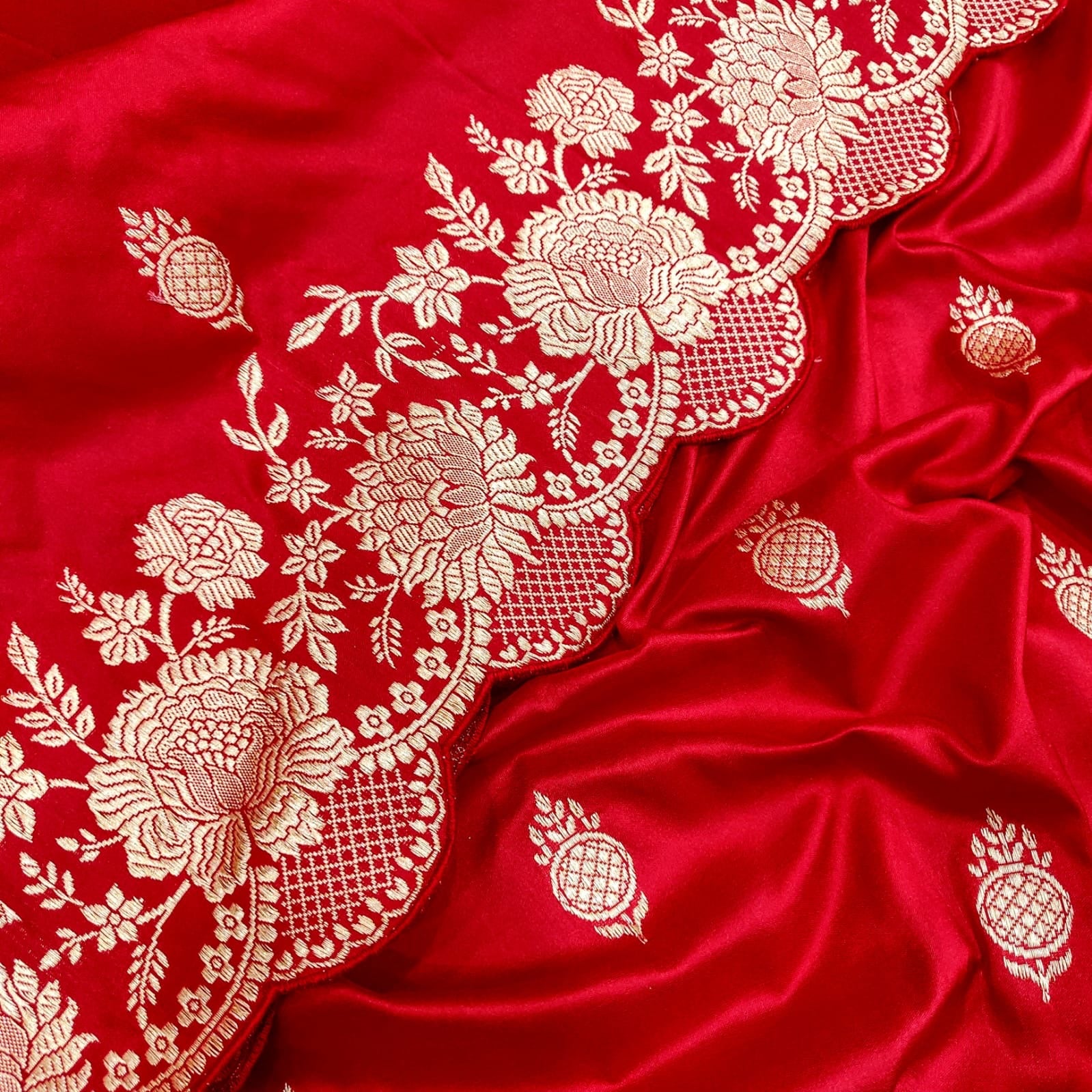 Bridal inspired red Katan saree - Saffronfashionindia