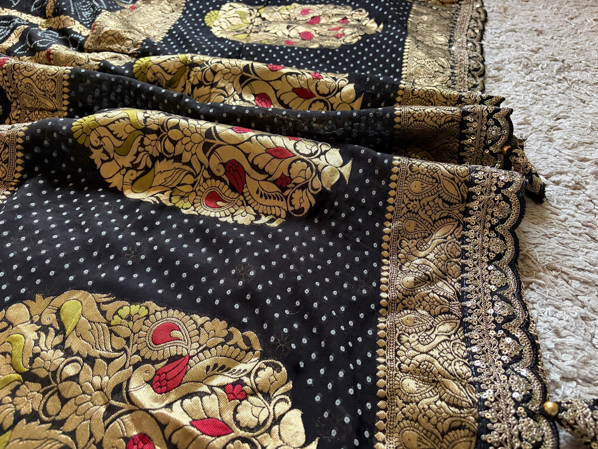 Black bandhani saree premium Banarsi saree gorgette sari blouse Saffronfashionindia