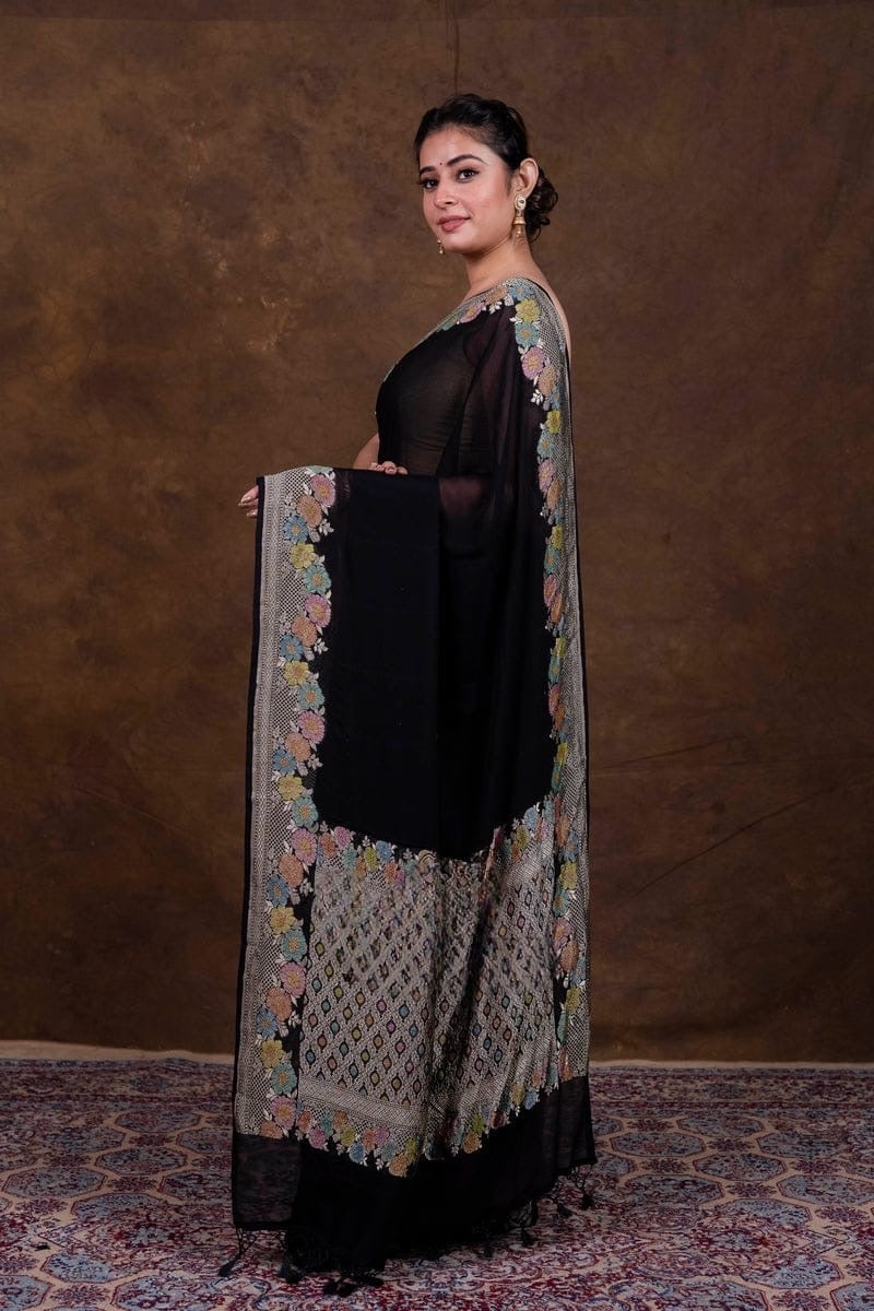 Floral georgette saree khaddi saree Indian sari blouse SaffronFashion