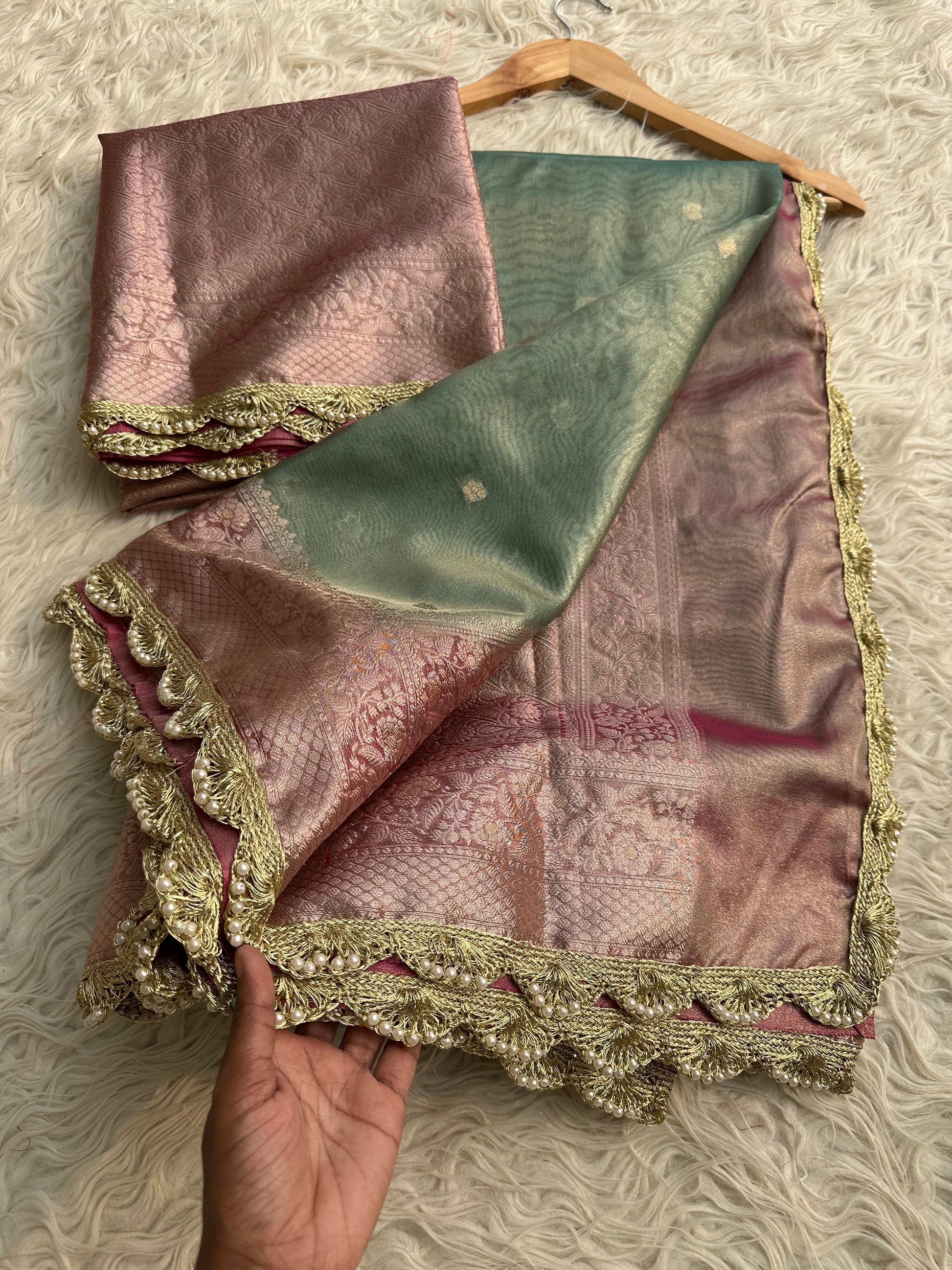 Lamie tissue silk saree Banarsi silk sari blouse Saffronfashionindia