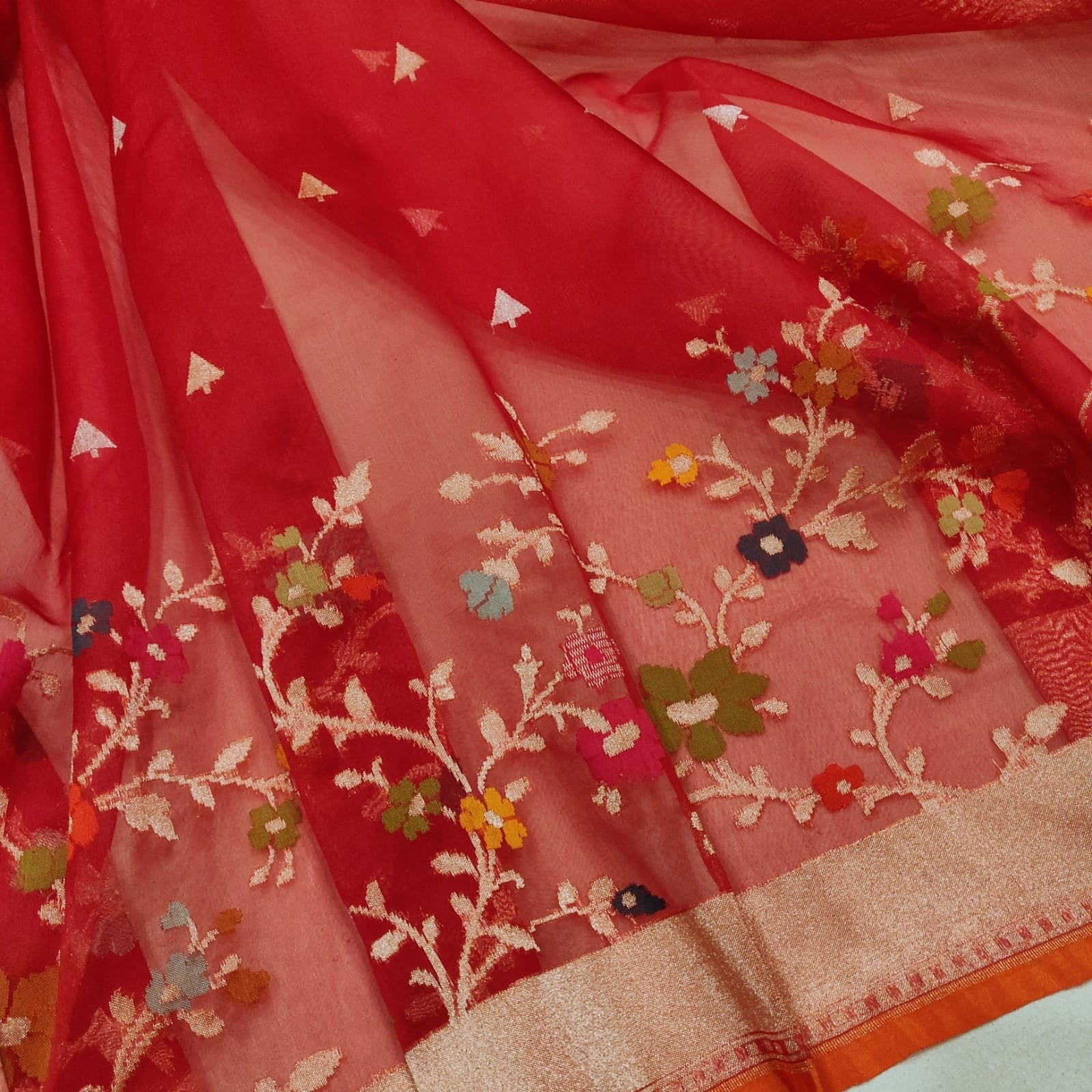 Red Jamdani saree Kora sarees Indian sari blouse SaffronFashion